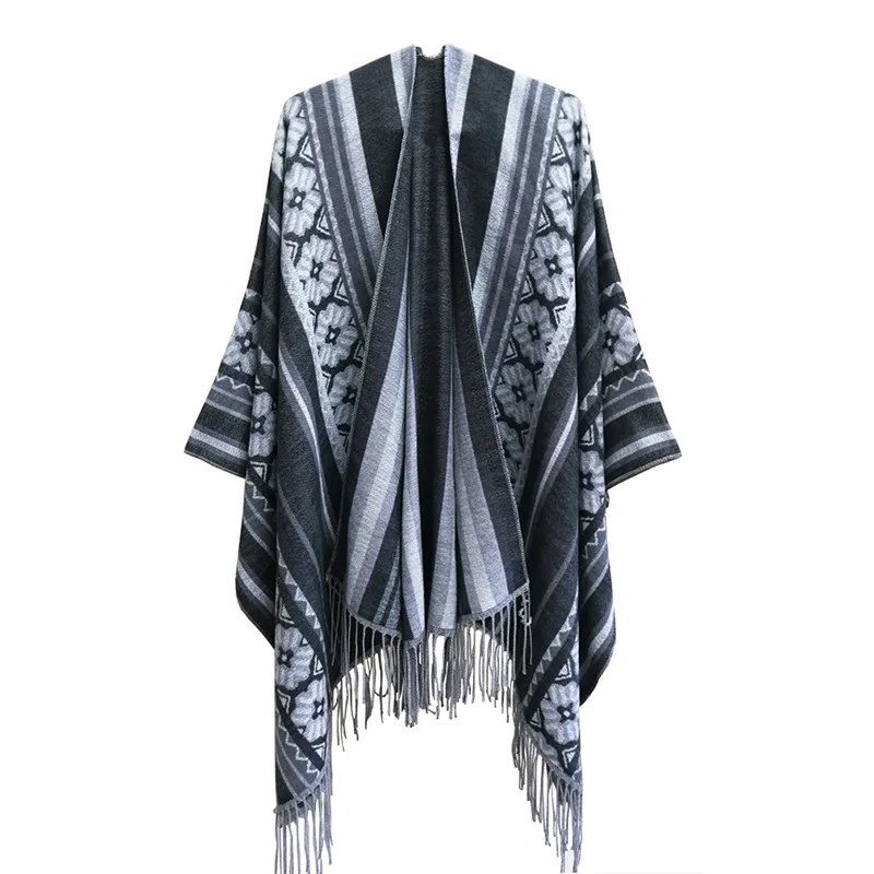 Spring Autumn Geometric Jacquard Ethnic Style Tourism Split Tassel Shawl Women  Air Conditioner Poncho Lady Capes Black Cloaks