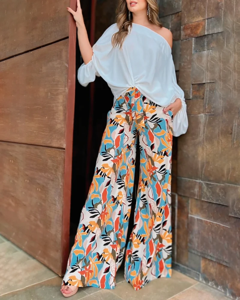 

2 Pieces Outfit 2025 SPpring Cold Shoulder Batwing Sleeve Top amd Casual Floral Print Pocket Design Wide Leg Pants Set