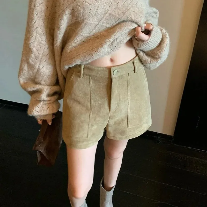 Women Faux Suede High Waist Cargo Shorts Slim Fit Winter Casual Bootcut Shorts
