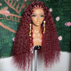 Burgundy 26Inch Long 180%Density Glueless 99j Kinky Curly Lace Front Wig For Black Women With BabyHair Heat Temperature Daily