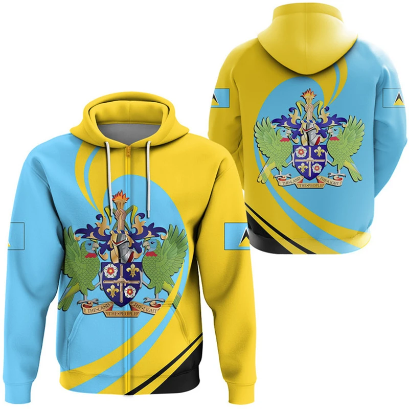 

Saint Lucia Flag Map Graphic Sweatshirts LC National Emblem Zip Up Hoodies For Men Clothes Casual Male Hoody Sport Boy Pullovers