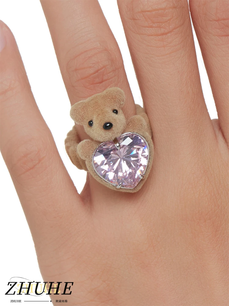 

2024 New Gem Bear Flocking Ring Sweet Romantic Style For Women Jewelry Party Gifts For Girlfriends