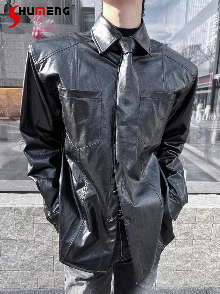 

Men's Trendy Long-Sleeve Faux Leather Shirts 2026 Spring Autumn New Loose Comfort Stylish Tops Lapel Handsome Solid Color Shirts