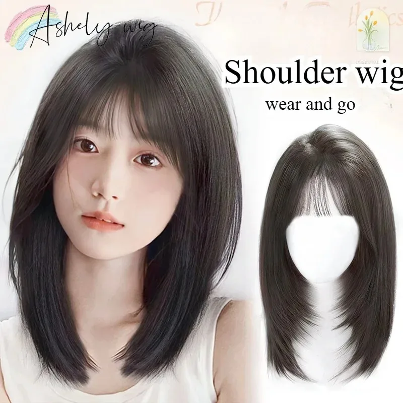 Wig Rambut Sintetis Alami Berlapis Hitam Coklat Candy 2025Shoulder Untuk Gelombang Tubuh Wig Wanita Sehari-hari dengan Poni Tirai Tahan Panas