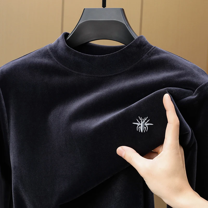 Original Designer Man Long-Sleeved T-Shirt Mock Neck Velvet Thicken Warm Embroidery Spring New Base Layer Fashion Men's Clothing