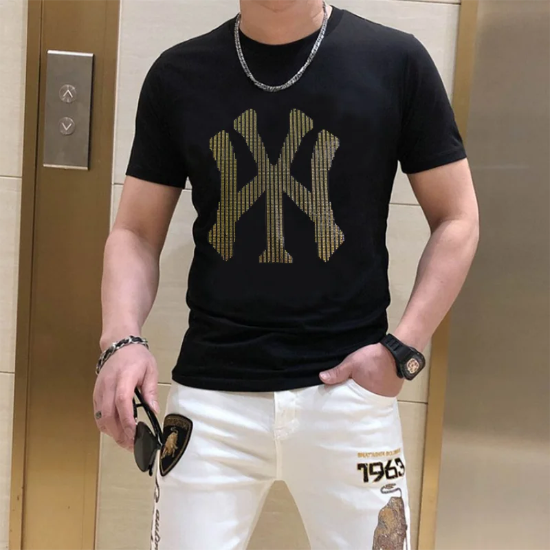 Pure Cotton Top Quality Rhinestone  Men T-shirt Casual  Men's  Brand  For Handsome Tee 075