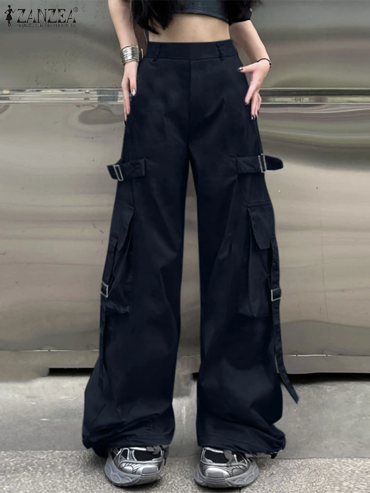

Women's Casual Cargo Trousers ZANZEA 2025 Spring Wide-Leg Pants High Waist Solid Ribbon Straps Street Fashion Adjustable Hem