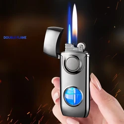 2023 Metal Double Flame Butane Gas Lighter Creative LED Blue Light Transparent Gas Window Grinding Wheel Ignition Cigar Lighters