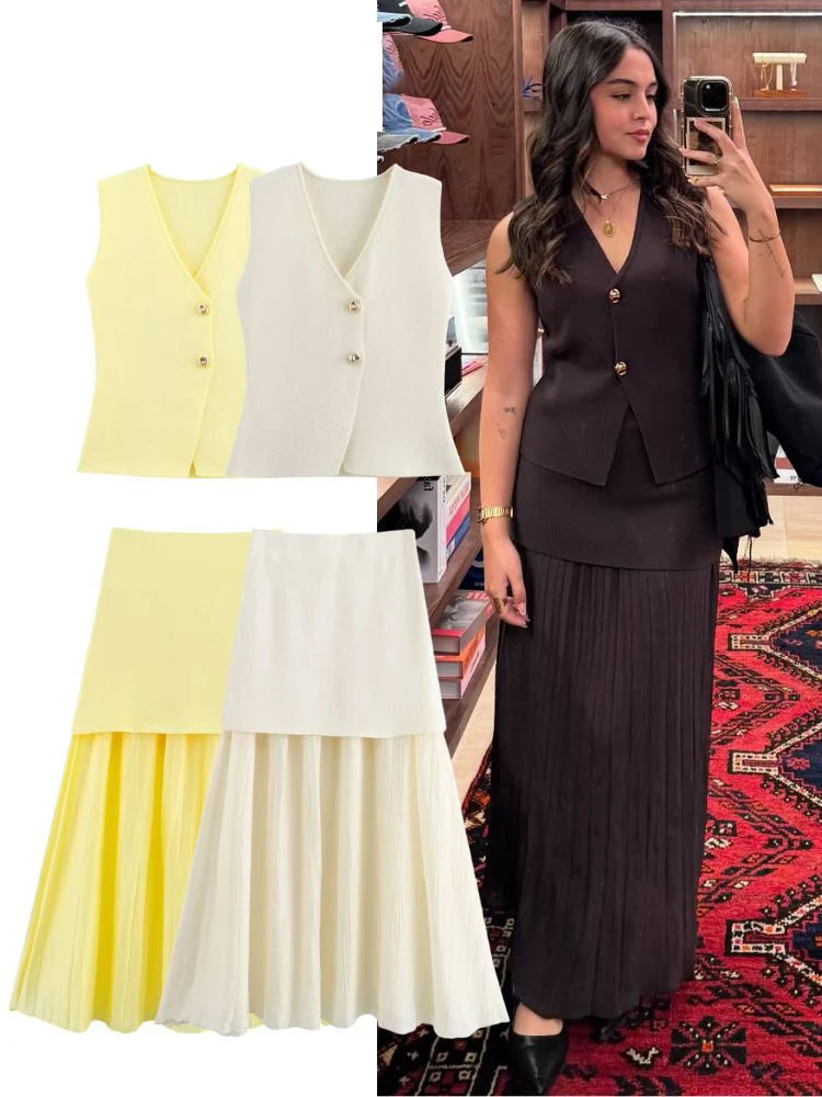 HH Elegant Women's Two-Piece Outfit Knitted V-Neck Sleeveless Slim Vest +Solid High Waist Zipper Patchwork Long Skirt Set