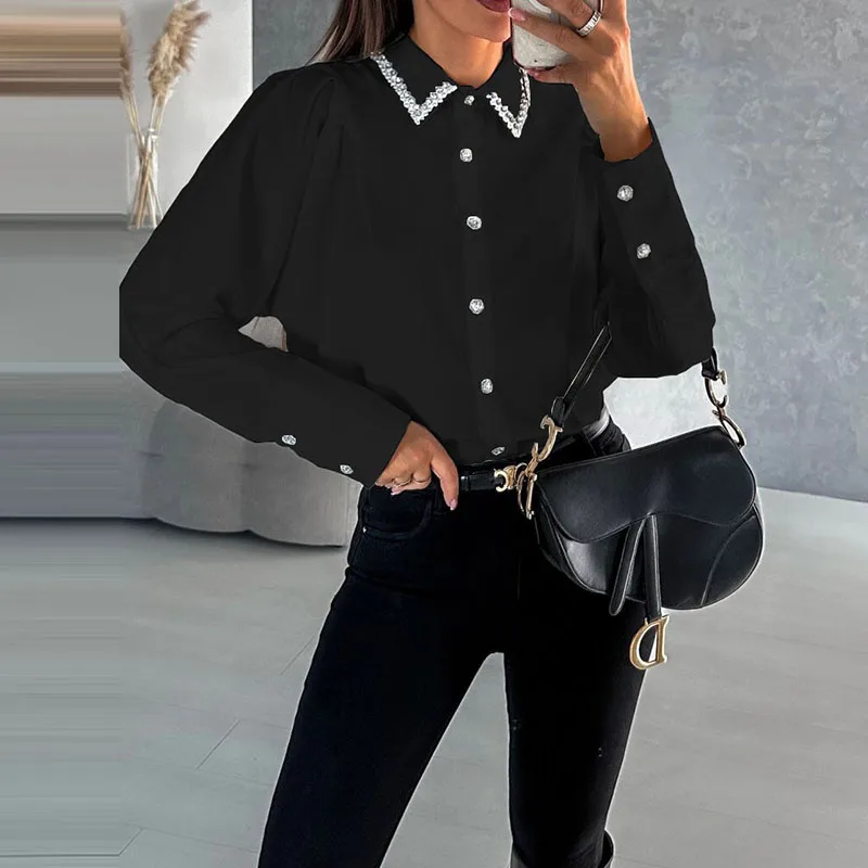 Spring Autumn Fashion Diamond Inlay Shirts For Women Solid Color Long Sleeves Loose Turn-down Collar Buttons Cardigans Blouses