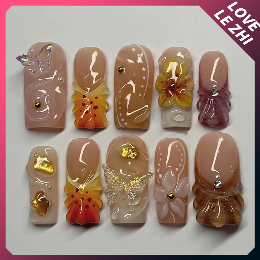 2024 Hot Sale Summer Flower Handmade Press On Gel Nails French Shell Lilies Aurora Pink Almond Squares Customizable Nail Tips