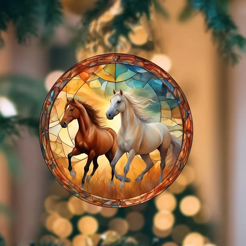 ملصق زجاجي ثابت التشبث ، ملصق نافذة لاصق مجاني ، فن تصادم التقاط أشعة الشمس ، ديكور المنزل-حصان #50