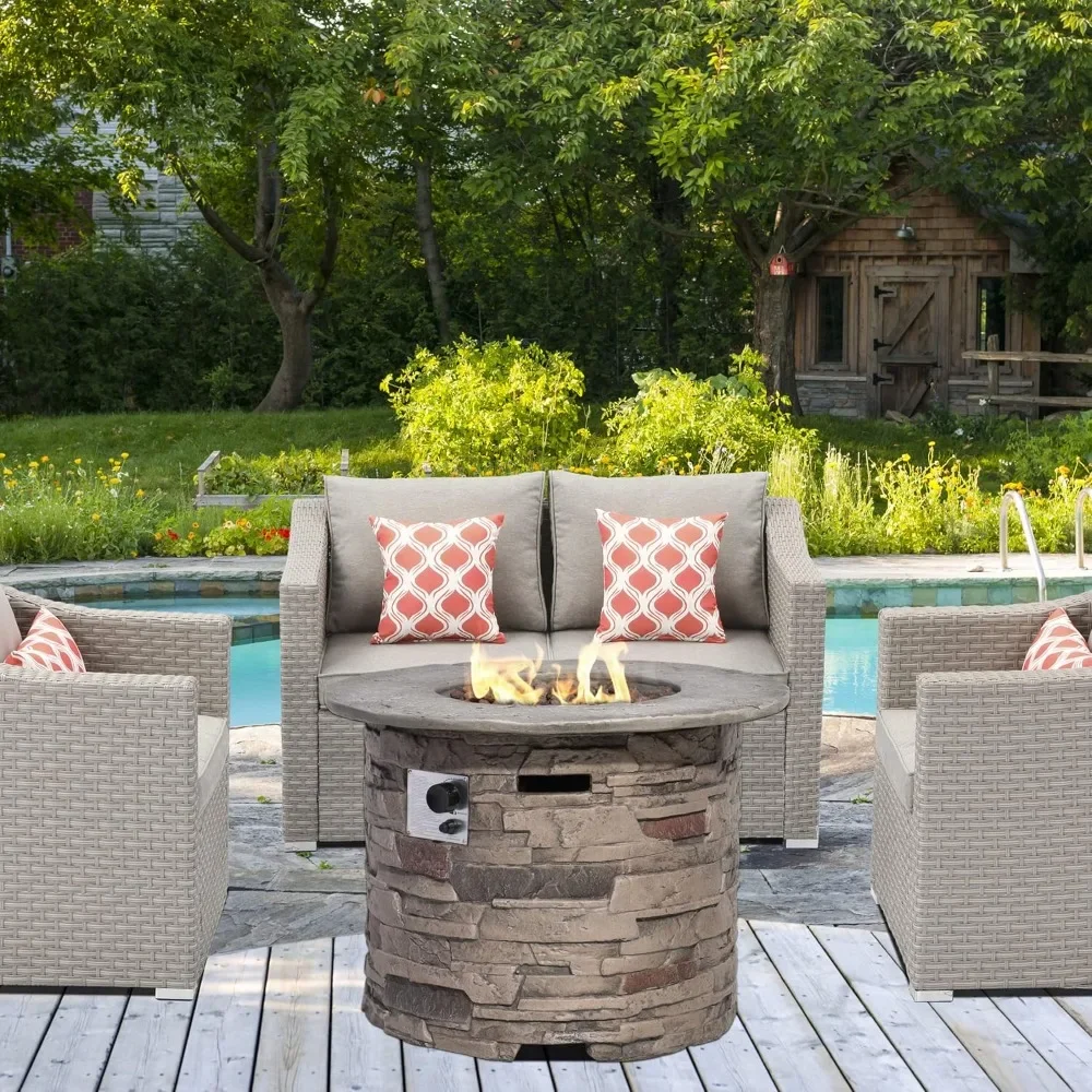 Outdoor Propane Fire Pit Table,32-inch Imitation Stone Round Concrete Propane Fire Pit with Lava Rocks and Rain Cover 40,000 BTU