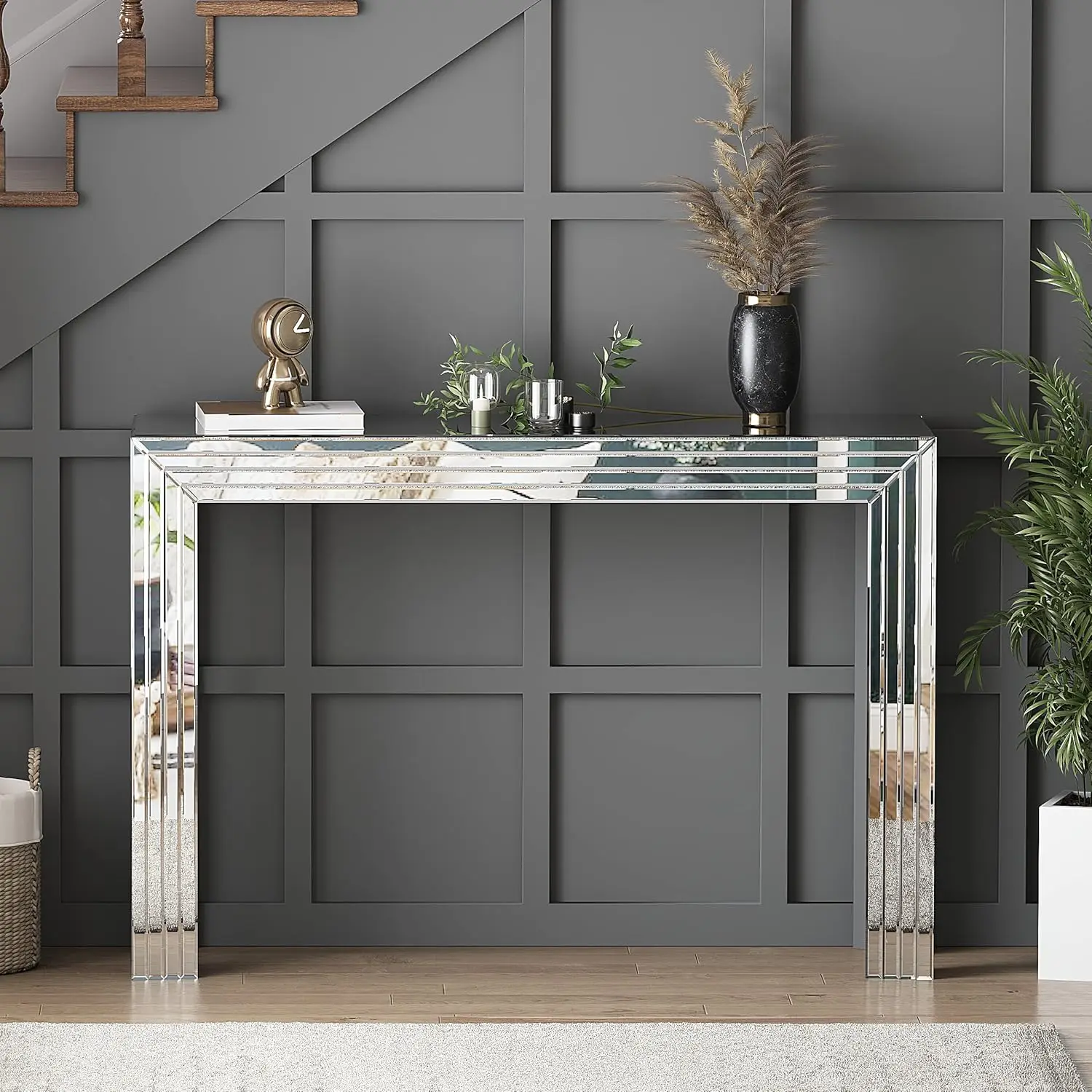 47'' Mirrored Console Table Silver Entryway Table With Line Design Mirror Finished, Decorative Accent Narrow Table, Glass Sofa