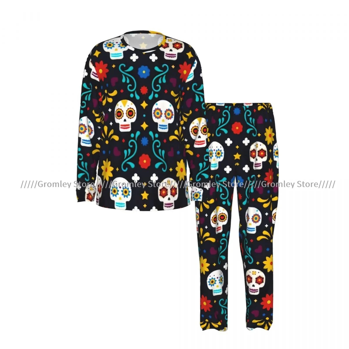 Dia De Los Muertos Pattern Skulls Men's Pajama Set Long Sleeve T-Shirt and Long Pants Sleepwear Male Nightwear Home Suit