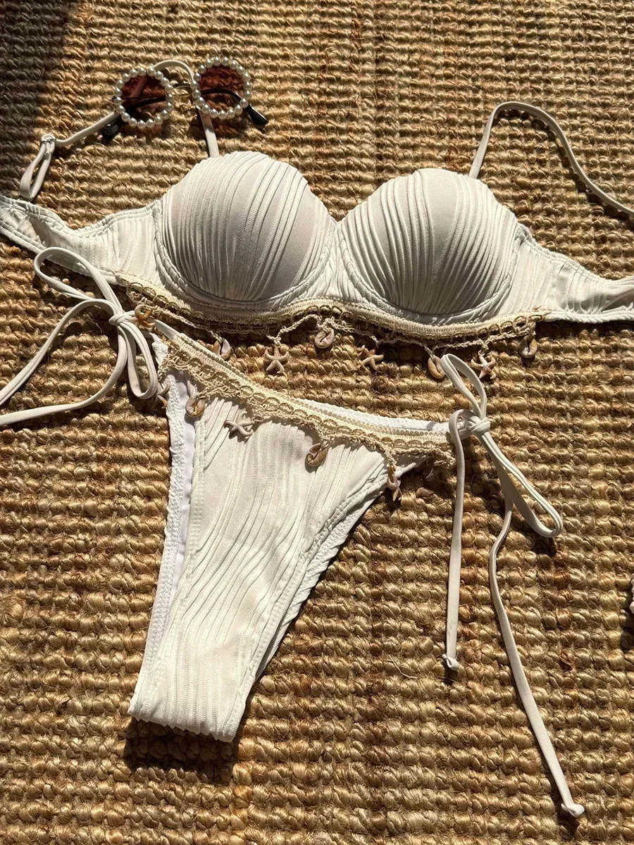 Shell Scalloped Wrinkled Underwired Bra Cup Bikini Female Swimsuit Women Swimwear Two-pieces Bikini Set Push Up Bathing Suit