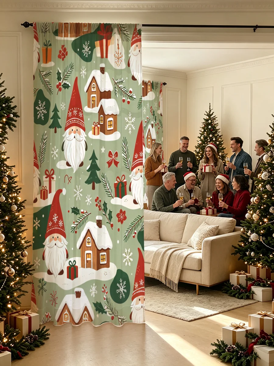 Farmhouse Christmas Gnome Printed Curtains 2 PCS, Rod Pocket Light Filtering Window Drapes, Winter Snow Scene Home Decor