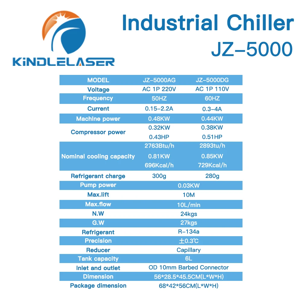 Industrial Water Chiller for CO2 Laser Engraving Cutting Machine JZ-5000 Cooling 80-100W Laser Tube DG110V AG220V