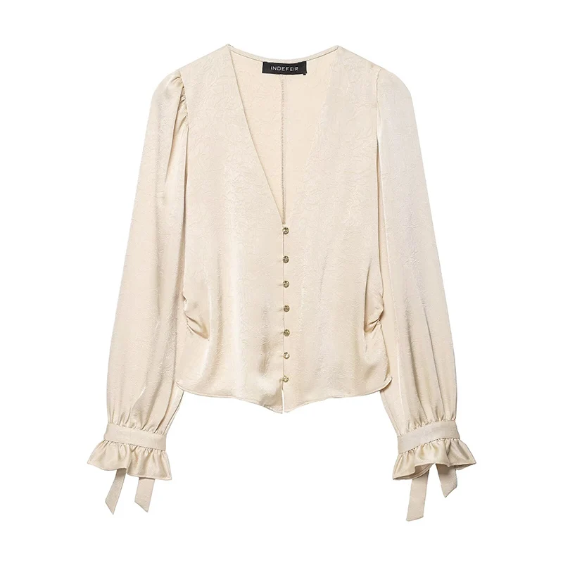 

2025 женские блузки с эффектом морщин, элегантные рубашки для женщин, осенняя рубашка с длинным рукавом, женские тонкие топы с глубоким v-образным вырезом, рубашки на пуговицах