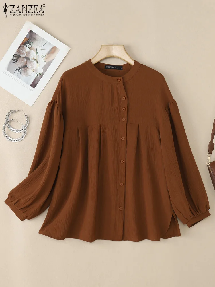 

ZANZEA, винтажные рубашки 2022, женские осенние однотонные блузки с длинными пышными рукавами, модные повседневные свободные топы на пуговицах, туника большого размера, корейская