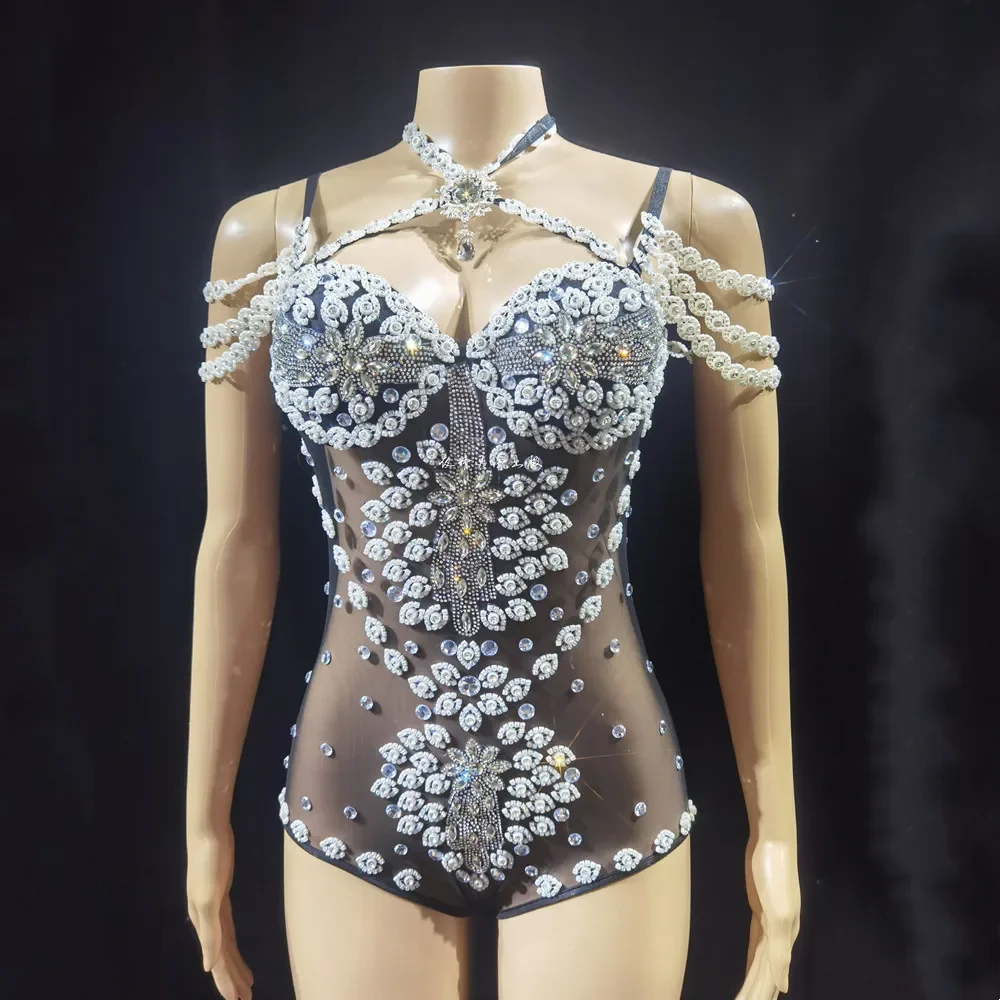 Sexy trasparente strass di cristallo tuta discoteca bar scintillante abbigliamento da palcoscenico cantante ballerino spettacolo teatrale costume da ballo