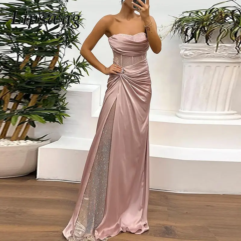 Sexy Glitter Mesh Satin Stitching Dresses 2024 Elegant Twisted Slim One Shoulder Party Gowns Chic High Split Evening Dress Women