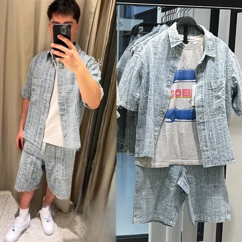 

Blue Retro Denim Shorts Set with Short Sleeve Shirt for Men Breathable Cotton Urban Style Casual Wear Summer Collection
