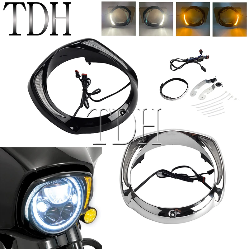 

Motorcycle Batwing Fairing LED Headlight Bezel W/ Turn Signal Lamp Visor Trim Ring For Harley Touring Street Electra Glide 14-up