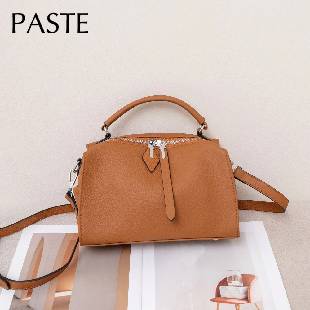 New Stylish First Layer Cowhide Leather Women Shoulder Bag Soft Lichi Patter Cowskin Female Handbag Beige Dropshipping