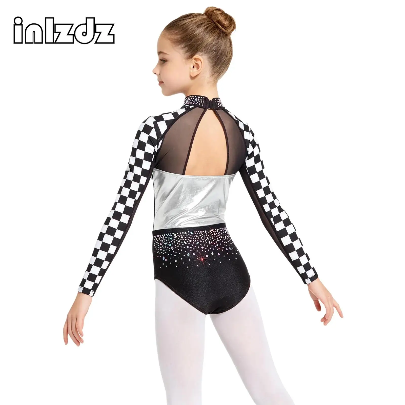 

Kids Girls Ballet Dancewear Figure Skating Costume Sparkly Rhinestone Gymnastics Leotard Long Sleeve Printed Jumpsuit Bodysuit