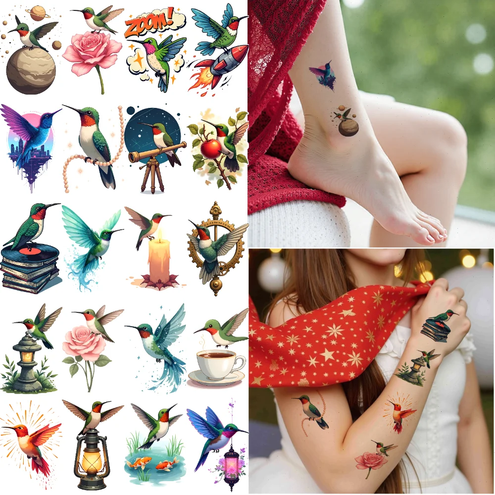 

54 шт., временные татуировки, винтажные наклейки, мультяшные цветочные наклейки, наклейки с колибри для щек, плеч