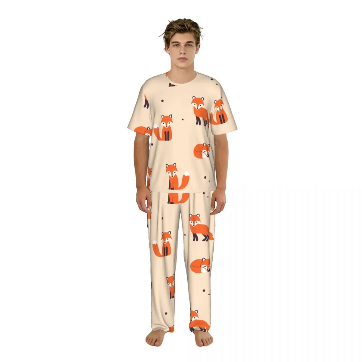 

Мужская пижама с короткими рукавами, комплект из двух предметов: брюки и рубашка, с принтом лисы, домашняя одежда, костюм для сна.