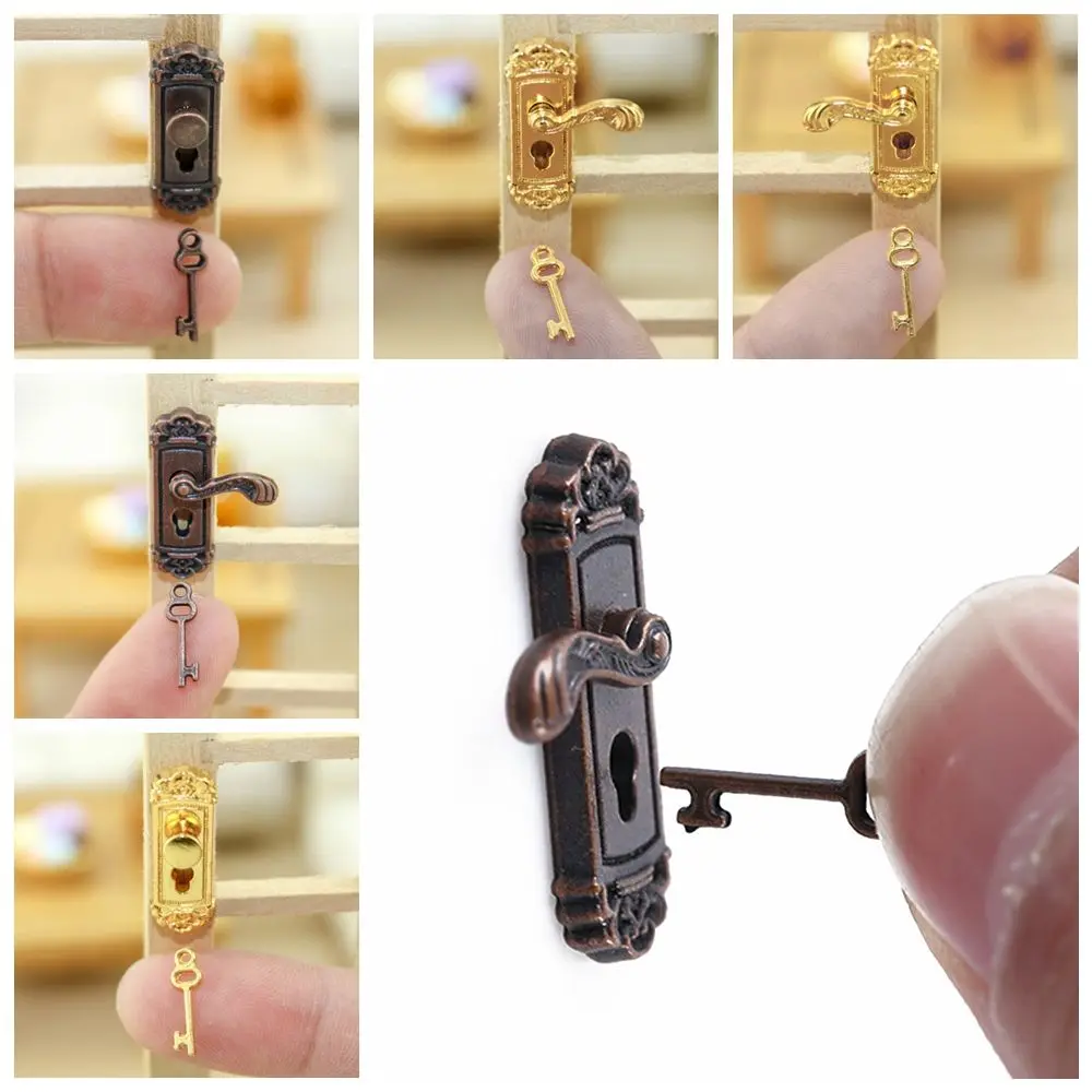 Retro Lock Key Set Poppenhuis Miniatuur Deurgrepen Mini Meubels Pull Sleutelgat Plaat Messing Knoppen DIY Poppenhuis Accessoires