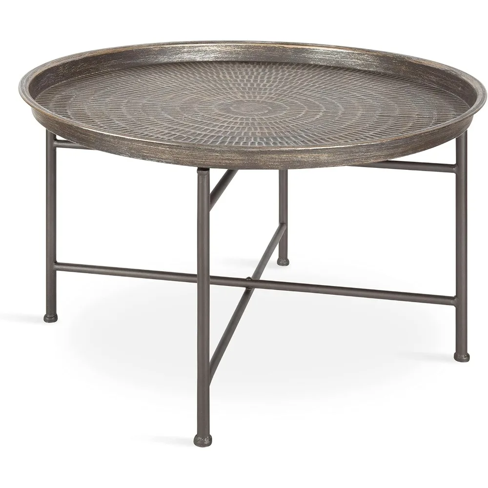 Boho-Chic Hammered Metal Tray Coffee Table, Brushed Silver