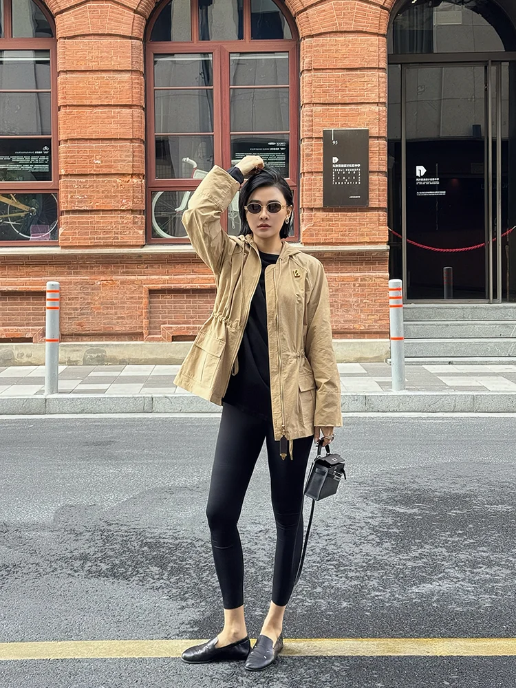 

Paris Fashion Show High Luxury Design Hooded Coat Drawstring Casual Style Spring Women's Jacket Standard Fit Zipper Closure