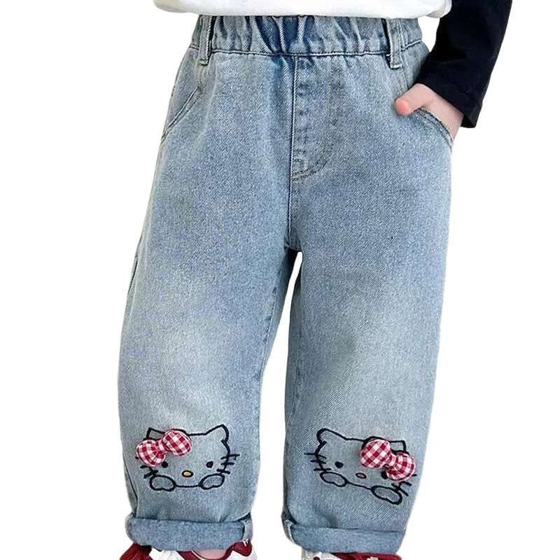 

Детские джинсы с героями мультфильмов «Hello Kitty», Sanrio, детские повседневные модные универсальные брюки, кавайная мягкая и свободная весенне-осенняя одежда, новинка