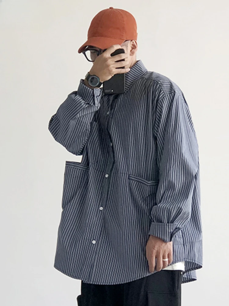 Striped Shirts Men Japanese Style Pockets Baggy Vintage Casual Long Sleeve All-match High Street Hipster Fashion Clothing Spring