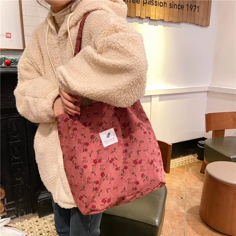 

Tote Female Bag Handbags with Button Eco Organizer 2024 Flower Women Corduroy Shopping Shoulder Bags Reusable Casual Outdoor