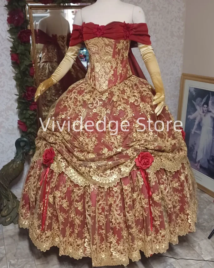 Red Gold Belle Ball Gowns 3D 3D Flower Lace-up cosplay Victorian Princess Evening Gowns vestidos de fiestas elegantes mujer