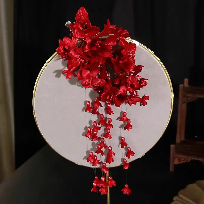 New Chinese Style Bellflower Tassel Hair Clip Women Vintage Floral Barrette Elegant Red Blue Flower Hair Wedding Accessory