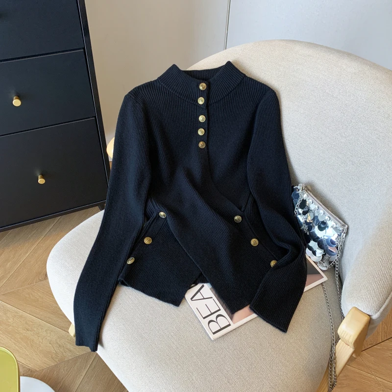 

Irregular Black Sweater Women Fashion Long Sleeve Knitted Pullovers Korean Knitwears Fall Winter Ladies Slim Design Jumpers New