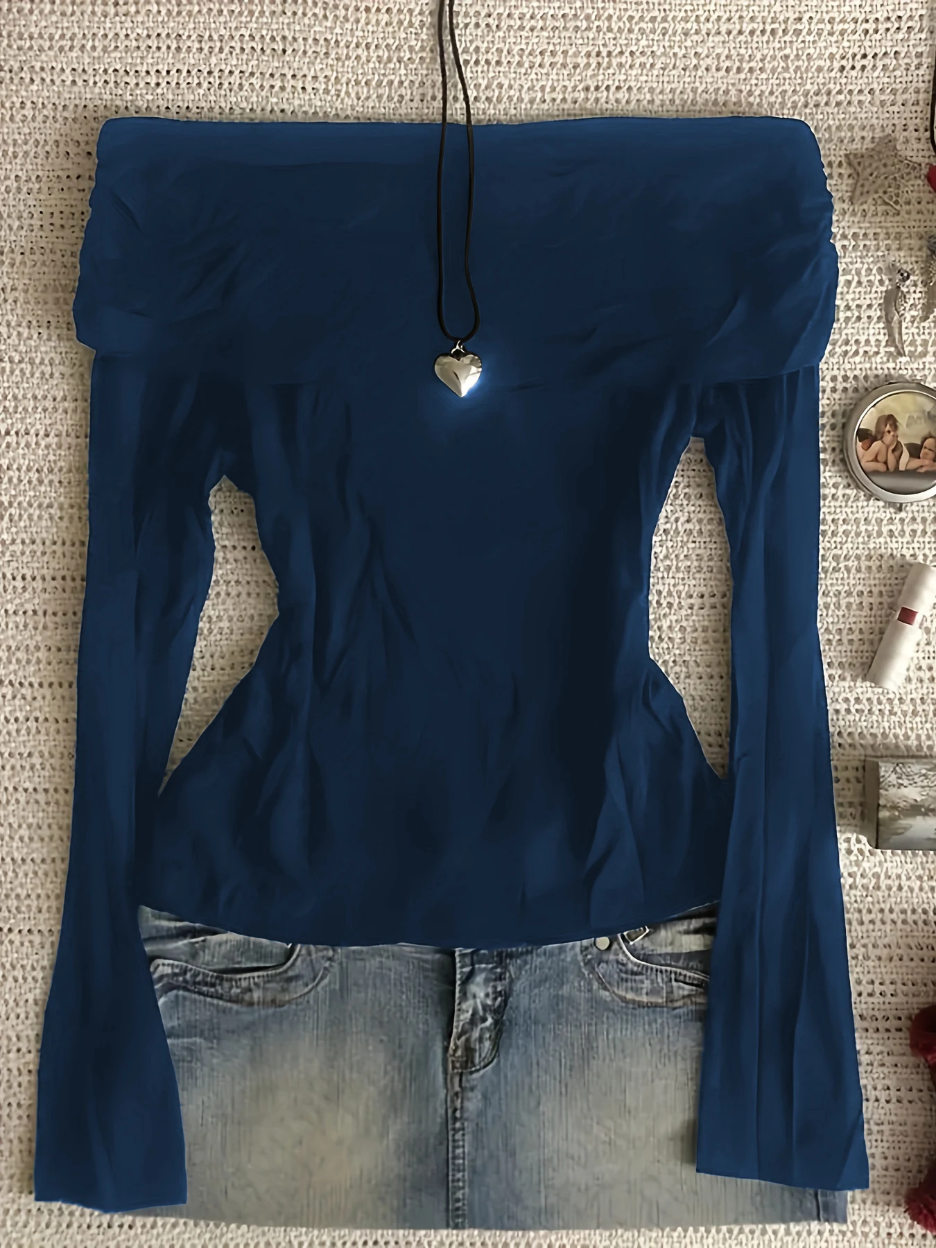 

Spring Summer Women's Long Sleeve Top Navy Blue Off Shoulder Cutout Slim Fit Sexy Fashion Daily Casual Dating Trendy Chic Blouse