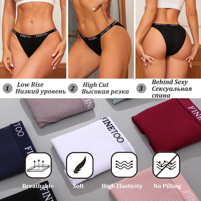 Finetoo 4PCS Cotton Panties for Women Sexy Letter Low Waist Briefs Waffle Elastic Female Underwear Soft Breathable Lingerie S-XL