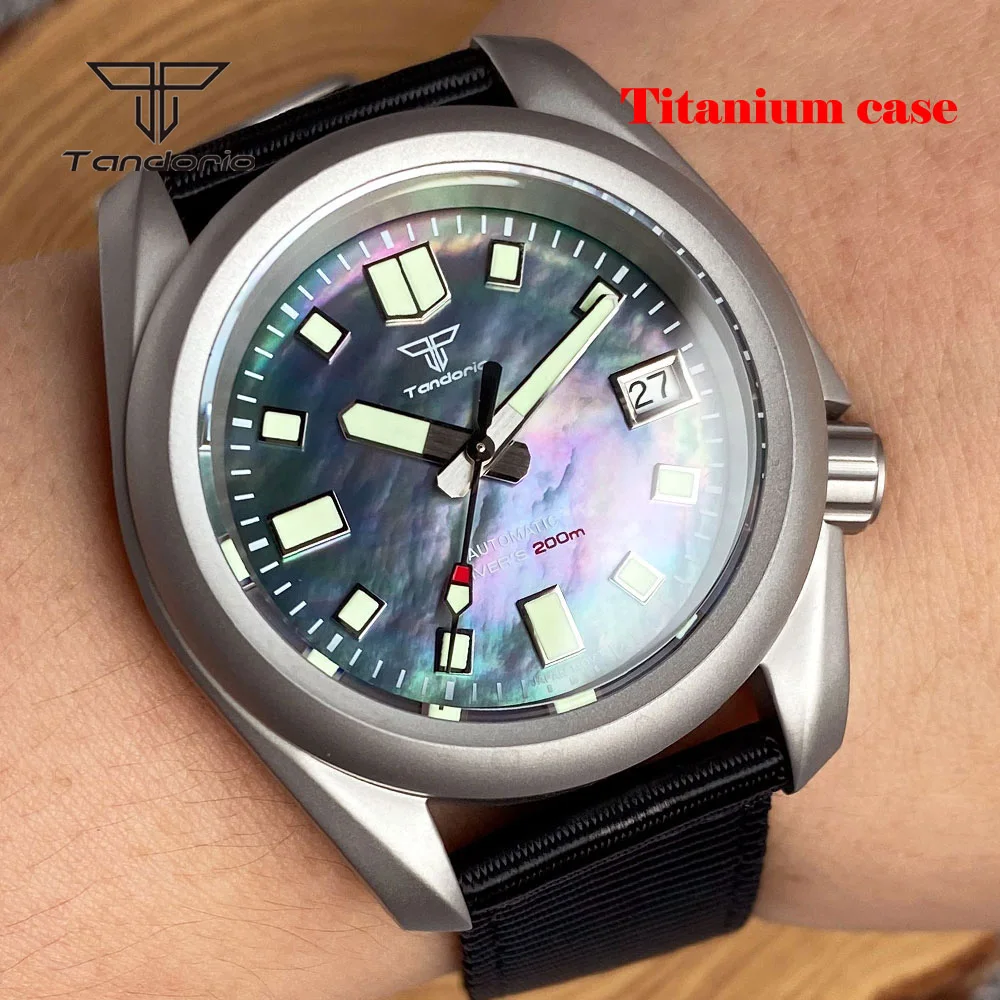 Tandorio Titanium Automatic Mechanical NH35 Men\'s Watch Date Sapphire 3.8 Crown Light Weight Dive Wristwatch Luminous 20BAR MOP