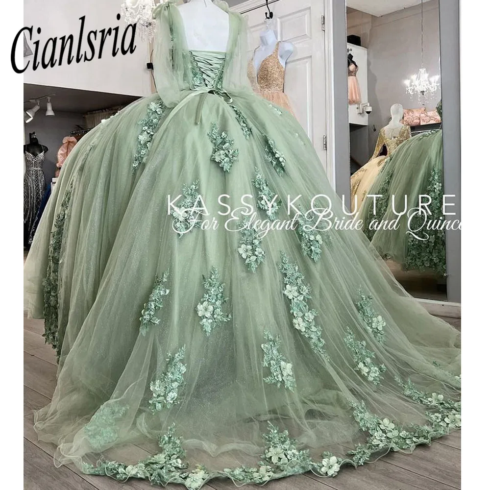 Gaun Putri Quinceanera Hijau Mint Gaun Bola 2022 Renda Applique Manis 16 Gaun Vestidos De 15 Años Prom