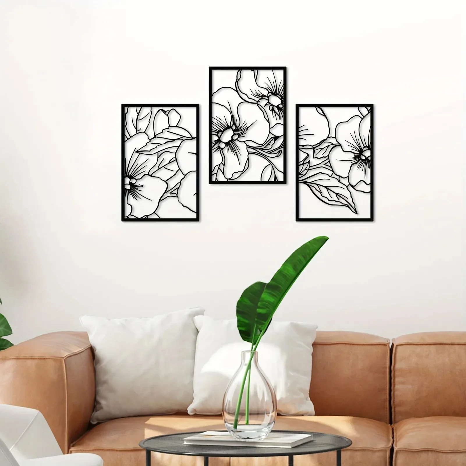 3pcs/set Pear Flower Metal Home Art, Black Square Modern Art Home Wall Sculpture Office Kitchen Bathroom Wall Mounted Decoration