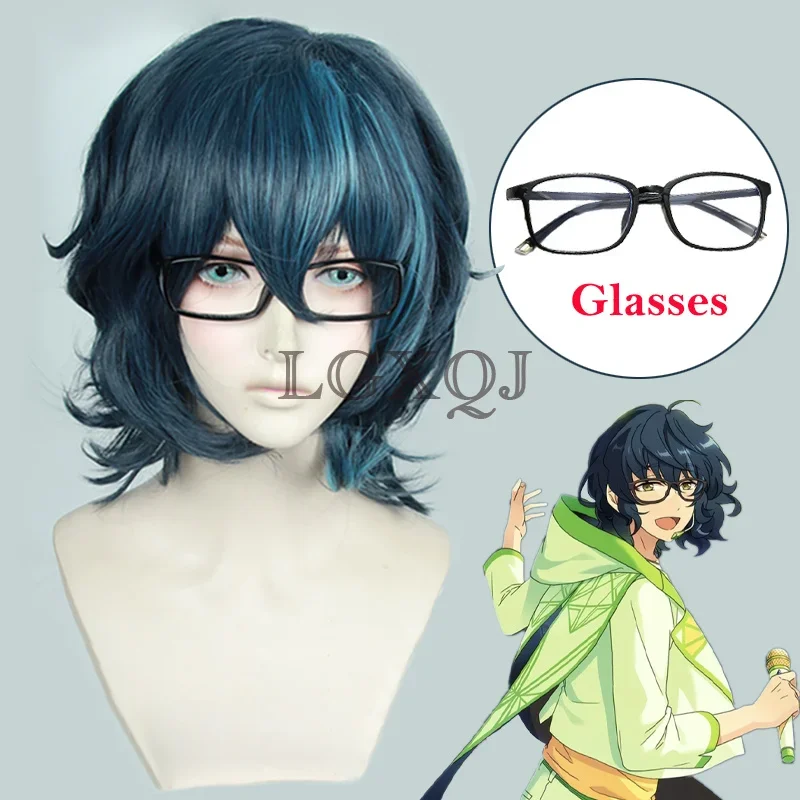 In Stocks Tsumugi Aoba Cosplay Wig  ES Wigs Scalp Blue Mixed Wig Glasses Heat Resistant Synthetic Hair Anime Wigs