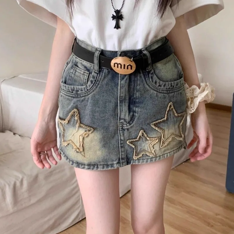 

American Style Retro 2024 Summer Denim Skirt Women's Spliced Embroidered Slim Distressed Tassel Pocket Button High Waist Skirts