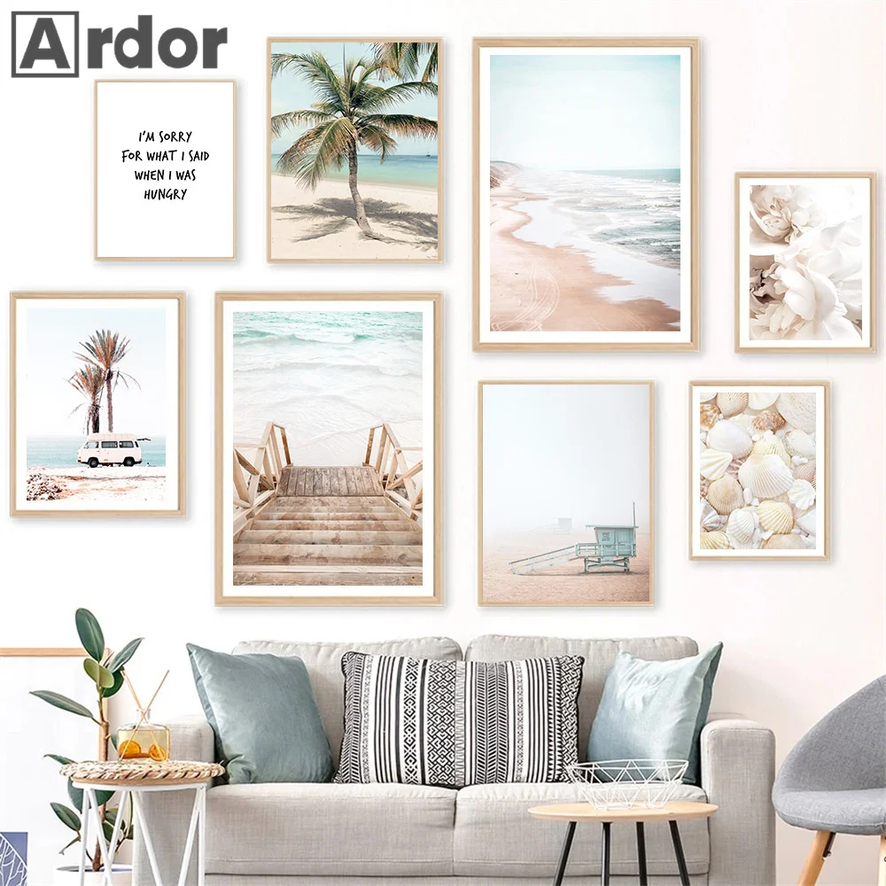 Beach Sea Waves Posters Reed Coconut Tree Landscape Canvas Painting Nordic Wall Art Print Nature Pictures Living Room Home Decor