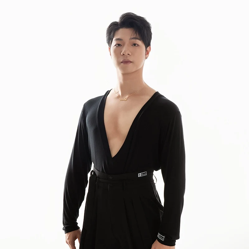 2025 New Latin Dance Tops For Men Big V-Neck Shirts Chacha Rumba Tango Dress Adult Male Latin Performance Stage Wear DQS18104